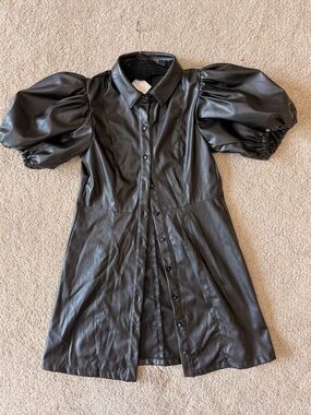 THML Puff sleeve black leather-look button up dress